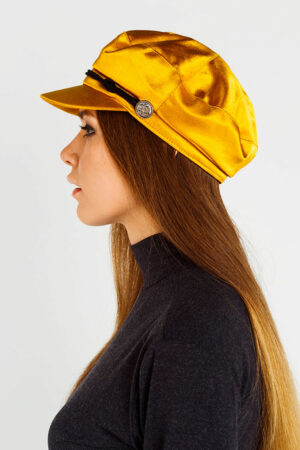 Шапка жіноча з атлас жовта, модель Кепка/пуговица