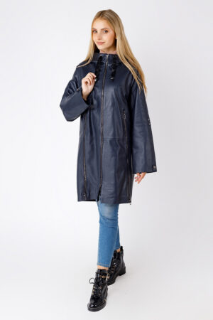 Куртка женская из натуральной кожи темно-синяя, модель 3035/kps/uzun