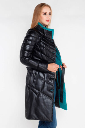 Куртка женская из натуральной кожи черная бирюза, модель B-740