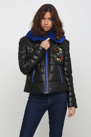 Куртка женская из натуральной кожи черная синяя, модель Monika/g