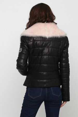 Куртка женская из натуральной кожи черная розовая, модель Monika/g