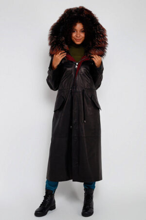 Куртка женская из натуральной кожи черная/бордовая, модель A 1807/parka/kps