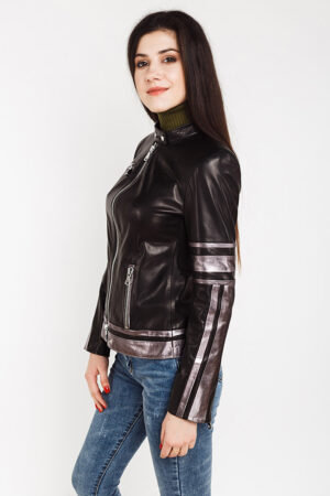 Куртка женская из натуральной кожи черная/серебро, модель B-2290