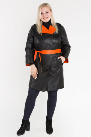 Куртка женская из натуральной кожи черная оранжевая, модель 198