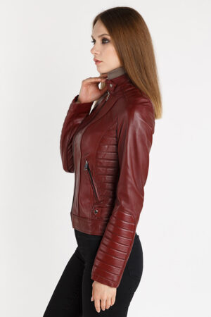 Куртка женская из натуральной кожи бордовая, модель 061