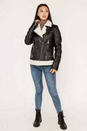 Куртка женская из натуральной кожи черная/белая, модель 900
