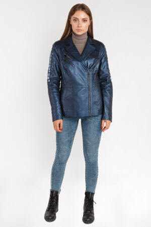 Куртка женская из натуральной кожи темно-синяя, модель 9032