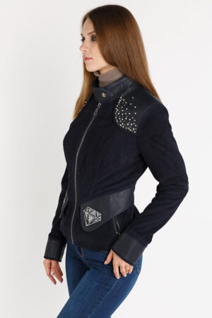 Куртка женская из натуральной кожи синяя, модель 9019