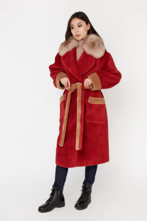 Пальто женское из шерсть бордовое/бежевое, модель Em-57