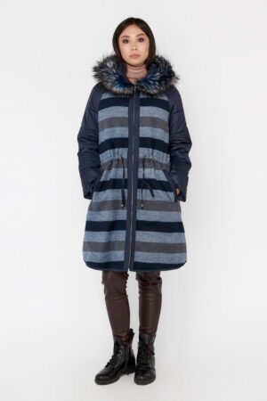 Пальто жіноче з balon/шерсть/чернобурки темно-сине, модель Em-014/kps