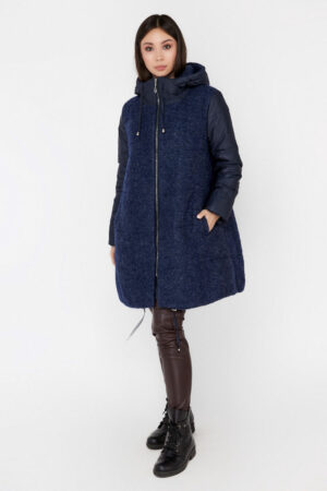 Пальто женское из BALON/шерсть/чернобурка темно-синее, модель Em-014/kps