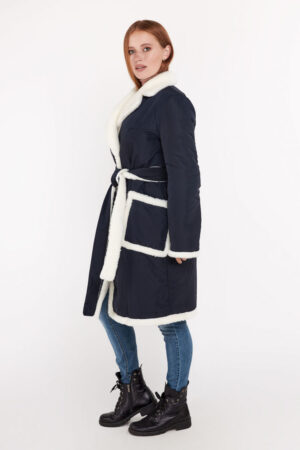 Пальто женское из BALON/шерсть темно-синее/белое, модель Em-84