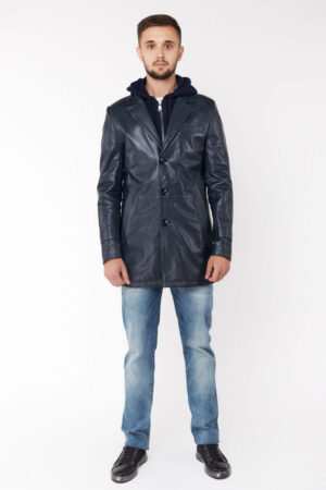 Куртка мужская из натуральной кожи темно-синяя, модель 82-176/kps