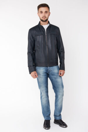Куртка мужская из натуральной кожи темно-синяя, модель Km-1508