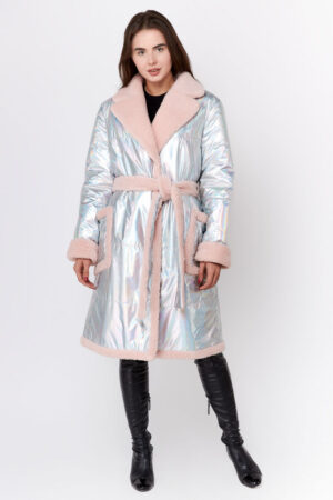 Пальто женское из BALON/шерсть перламутр розовое, модель Em-84/1