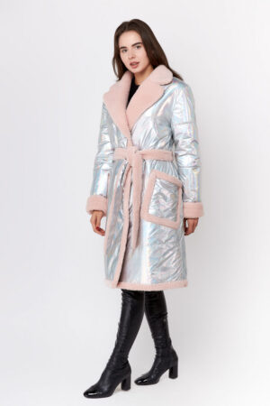 Пальто женское из BALON/шерсть перламутр розовое, модель Em-84/1