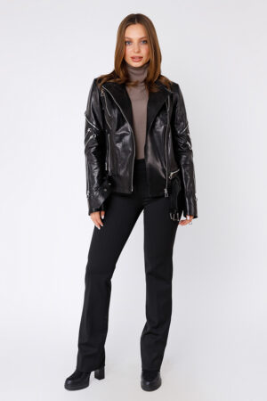 Куртка женская из натуральной кожи бежевая/черная, модель 21z150-05/kps