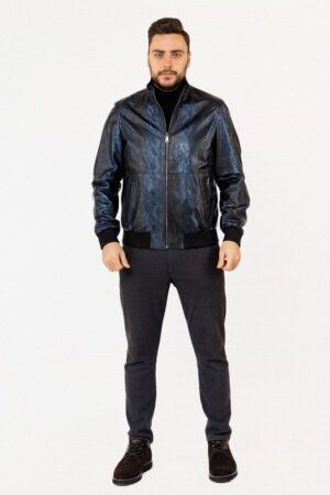 Куртка мужская из натуральной кожи черная/синяя, модель M-9