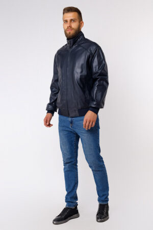 Куртка чоловіча з натуральної шкіри темно-синя, модель Be-900