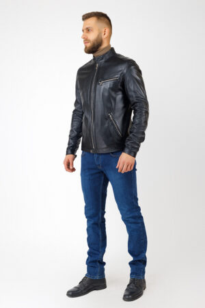 Куртка мужская из натуральной кожи темно-синяя, модель 5515