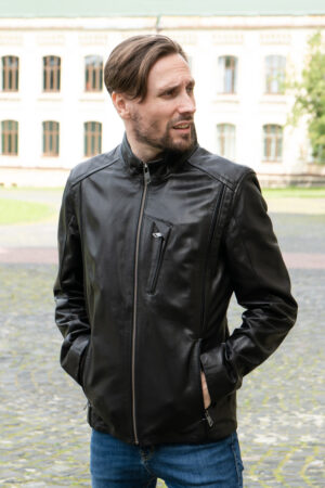 Куртка мужская из кожи темно-синяя, модель M-366/kps