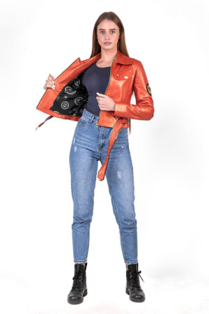 Куртка женская из натуральной кожи оранжевая, модель Db-7