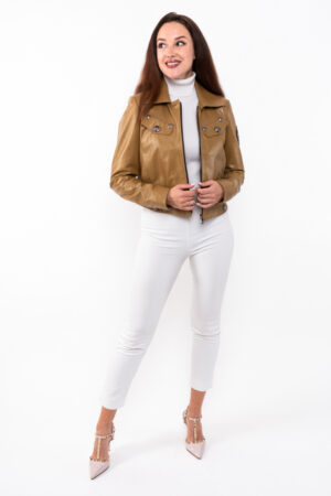 Куртка женская из натуральной кожи песочная перламутр, модель Db-7