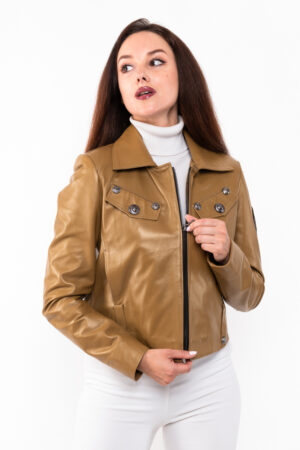 Куртка женская из натуральной кожи песочная перламутр, модель Db-7