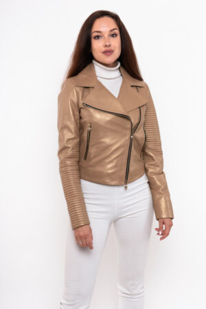 Куртка жіноча з натуральної шкіри темно-бежевый/перламутр, модель Db-8