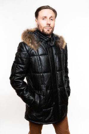Куртка мужская из кожи/NATUREL/енот черная, модель 232/kps