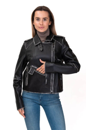 Куртка женская из кожи/antik черная, модель Ms-86