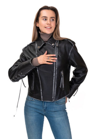 Куртка женская из кожи/antik черная, модель Ms-82